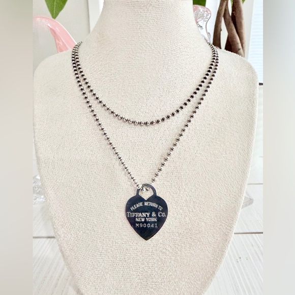 Tiffany & Co. Jewelry - Tiffany & Co. Silver Large Heart Tag Long Beaded Chain Necklace
34”